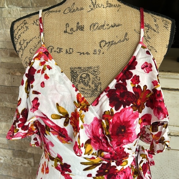 Bluivy Dreaming of Roses wrap front maxi dress pink white cold shoulder rayon - Picture 5 of 14